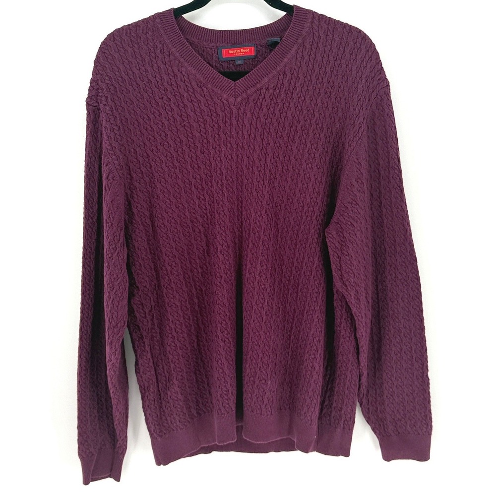 Austin Reed Mens Cable Knit V Neck Cotton Preppy Dark Academia Sweater Size M